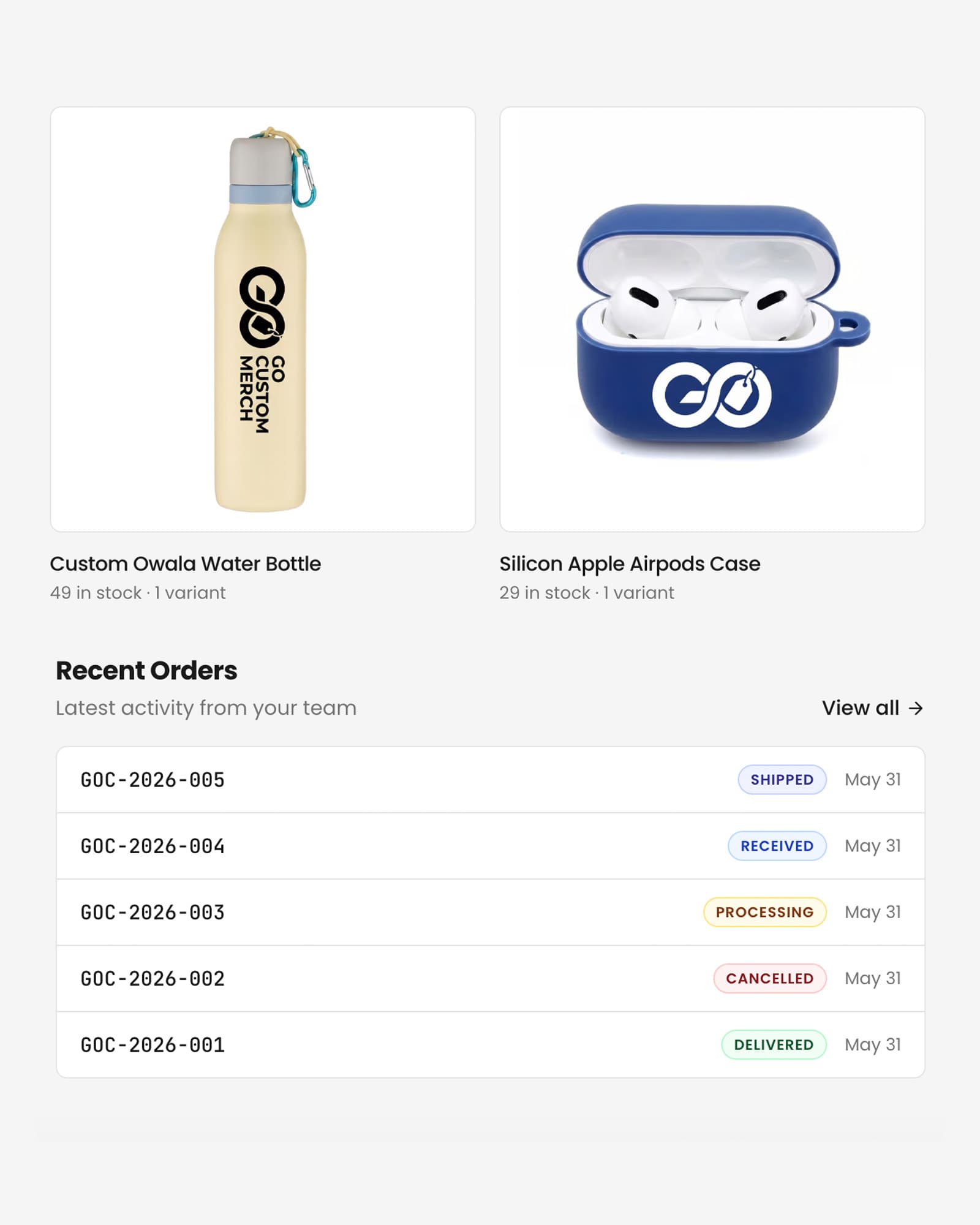 The portal order list showing recent orders with live statuses and tracking